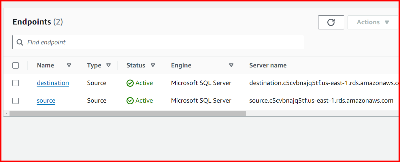 Picture showing the list of source and target endpoint